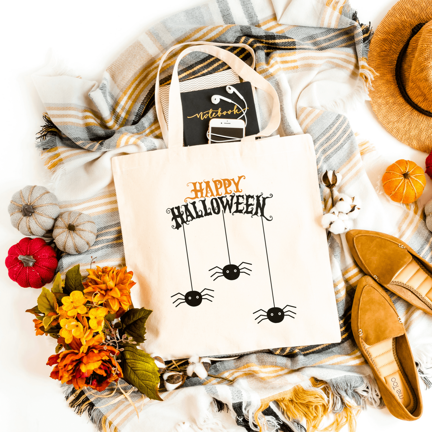 White Spider Halloween tote crafted from durable 12oz canvas, perfect for trick-or-treating and everyday use.