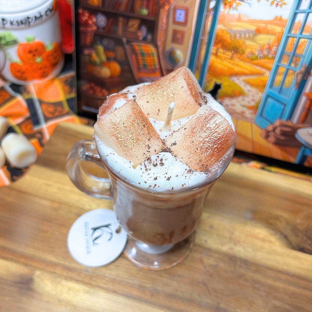 Top view of the Toasted Marshmallow Mocha candle showing toasted marshmallows and brown mica powder on the creamy white wax topping.