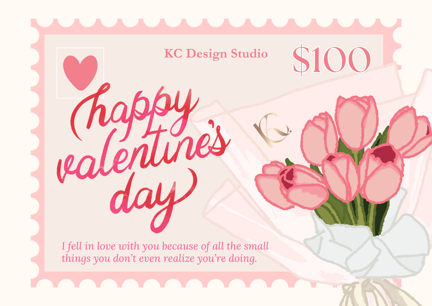 Soft pink Valentine’s Day gift card with a $100 value, inspired by a post card, with a bouquet of roses design and heart-warming message.