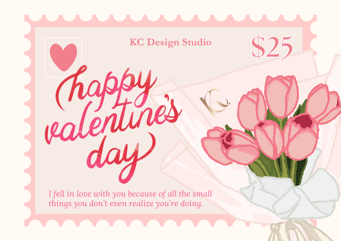 Soft pink Valentine’s Day gift card with a $25 value, inspired by a post card, with a bouquet of roses design and heart-warming message.