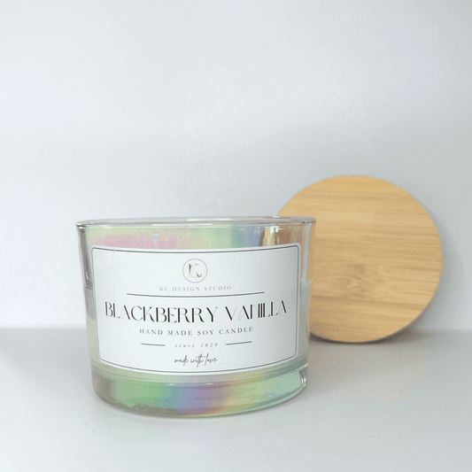 Front view of 16oz Blackberry & Vanilla Buttercream Candle made with natural soy wax and eco-friendly wick.