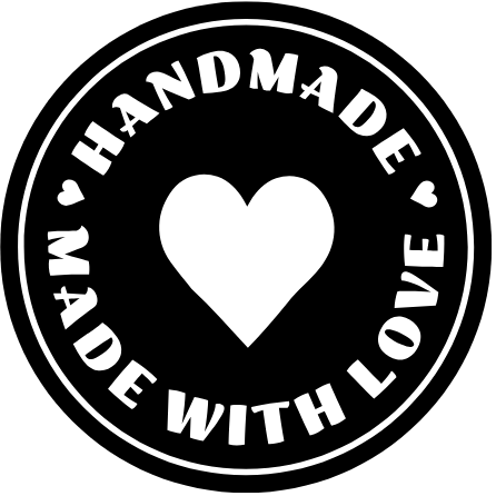 Circular icon with "Handmade Made with Love" text and a heart symbol on a white background.