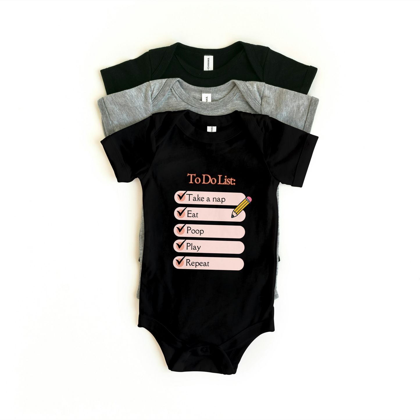 Baby Onesie in black with to-do list design, soft cotton for comfort and easy changing.