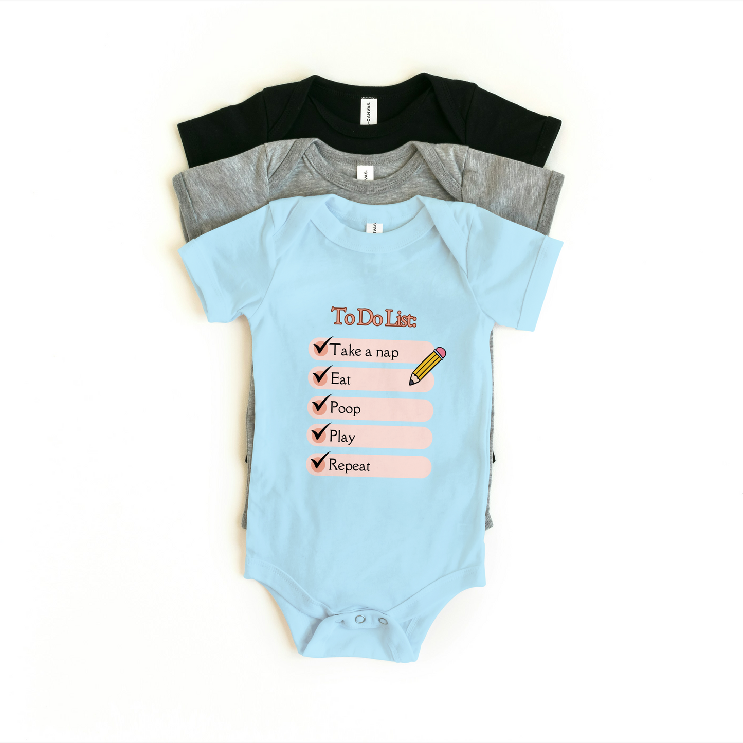 Baby Onesie in blue with to-do list design, made from soft cotton for ultimate comfort.