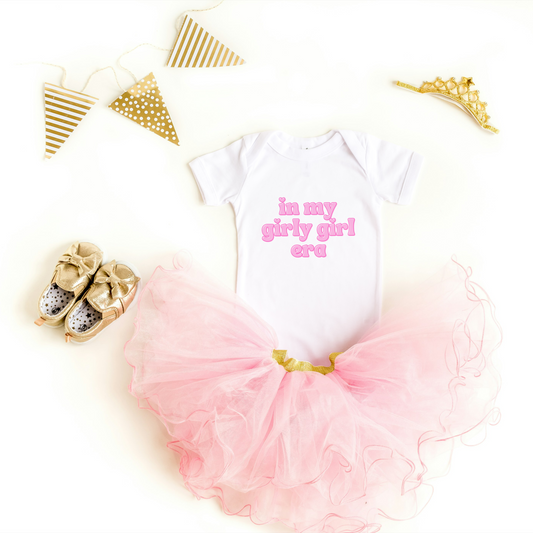 Baby Onesie in pink and white with Girly Girl Era design, made from soft cotton for comfort and easy diaper changes.