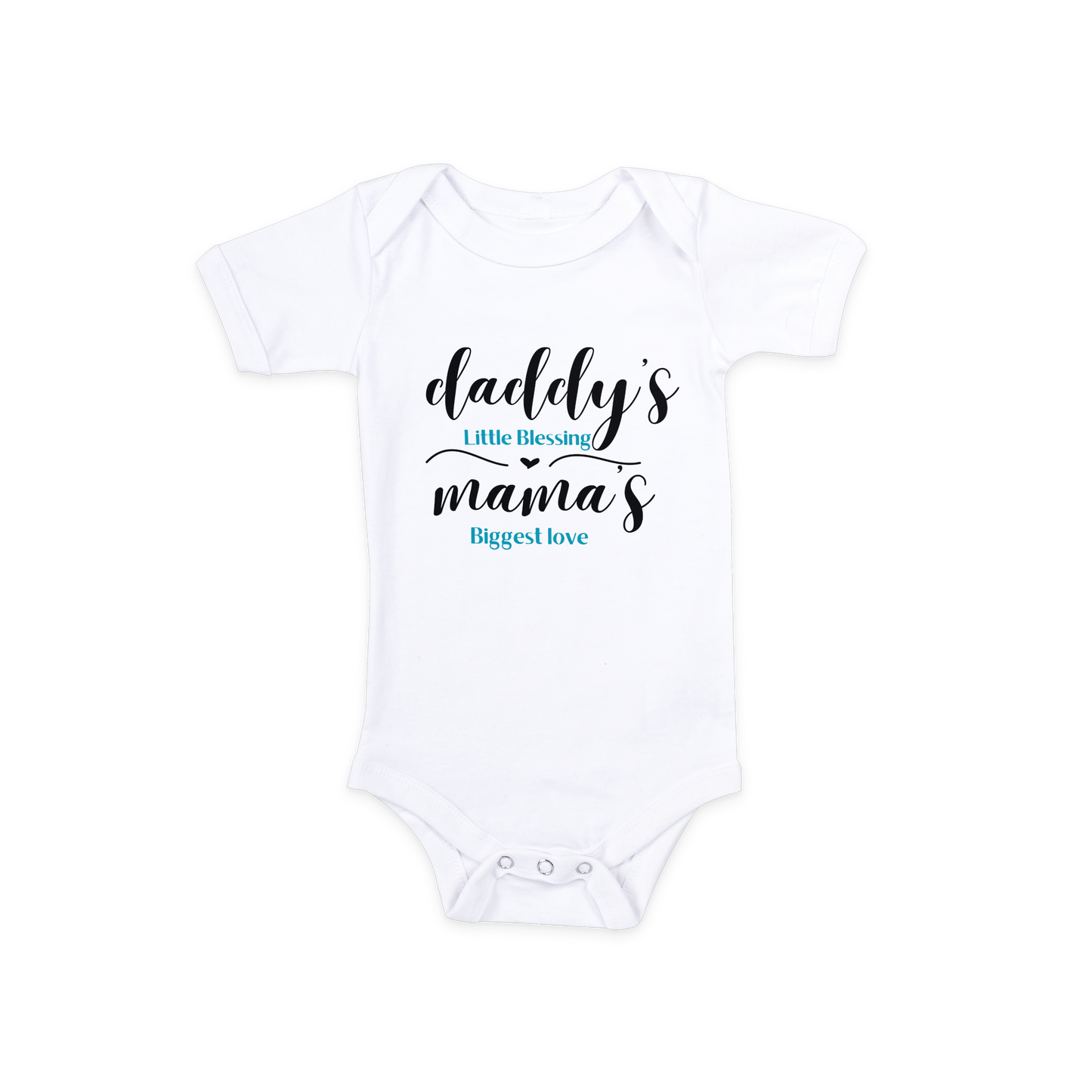 Baby Onesie in white with "Daddy's Little Blessing and Mama's Biggest Love" design, soft cotton for comfort.