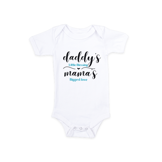 Baby Onesie in white with "Daddy's Little Blessing and Mama's Biggest Love" design, soft cotton for comfort.