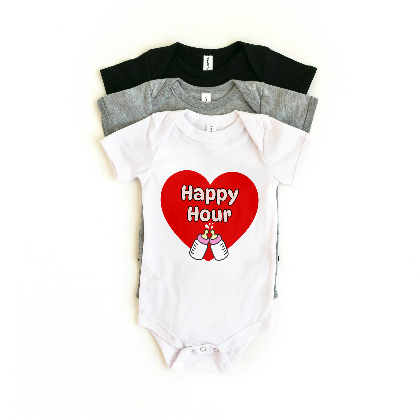 Baby Onesie in white with "Happy Hour" design, red heart and two milk bottles, crafted from soft cotton for comfort.