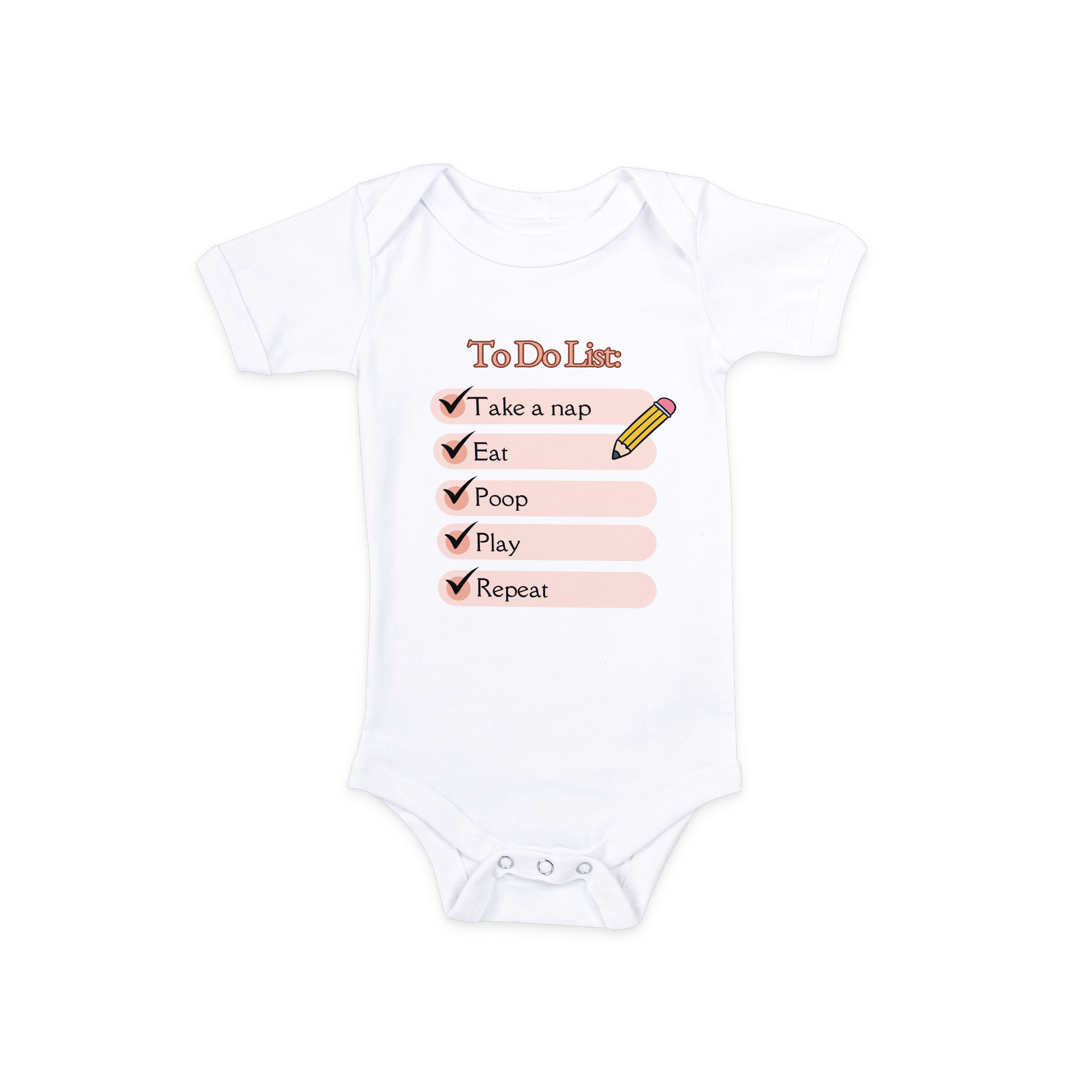 Baby Onesie in white with to-do list design, made from soft cotton for gentle comfort.