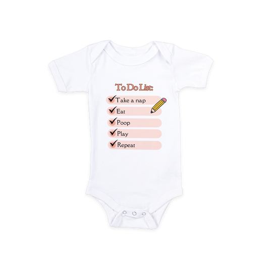 Baby Onesie in white with to-do list design, made from soft cotton for gentle comfort.