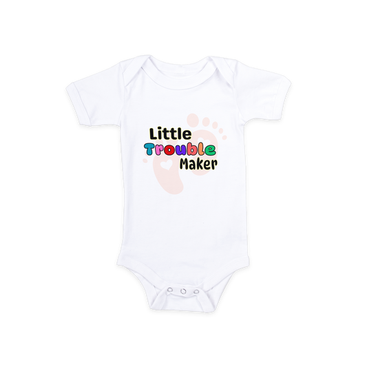 Baby Onesie in white with "Trouble Maker" design, soft cotton for comfort and durability during playtime.