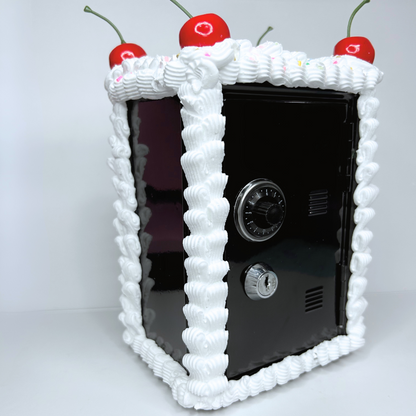 Side view of black mini cake-inspired locker featuring rainbow sprinkles and secure key lock.