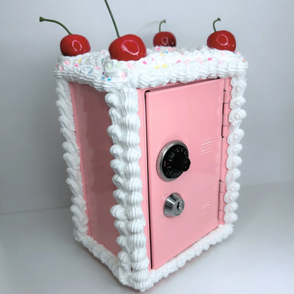 Full side view of pink Cake Vault mini locker with sprinkle and cherry decorations.