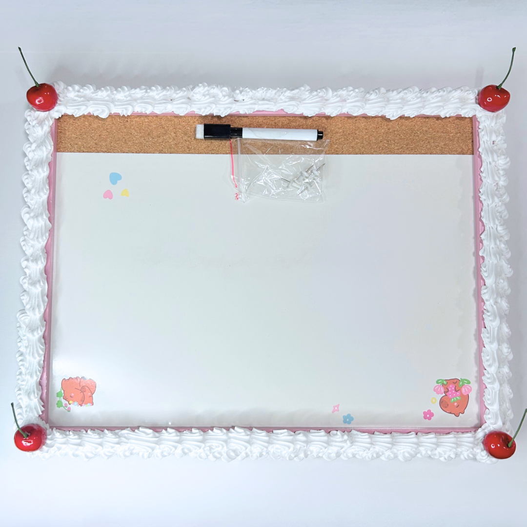 Full view of cherry frosted whiteboard with cork strip and marker.