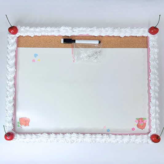 Full view of cherry frosted whiteboard with cork strip and marker.