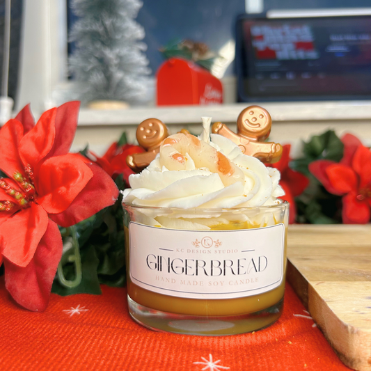 Handcrafted Christmas gingerbread candle with layered gingerbread and vanilla scents in a 4oz soy wax jar.