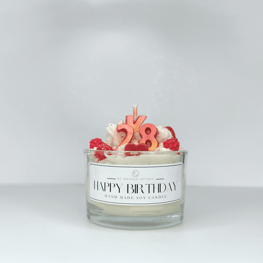 Custom 4oz Birthday Candle with Birthday Cake scent, topped with strawberries and sweet strawberry accents.