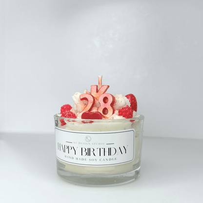 Side view of Custom 4oz Birthday Candle, highlighting its personalized design, toppings, and base color.