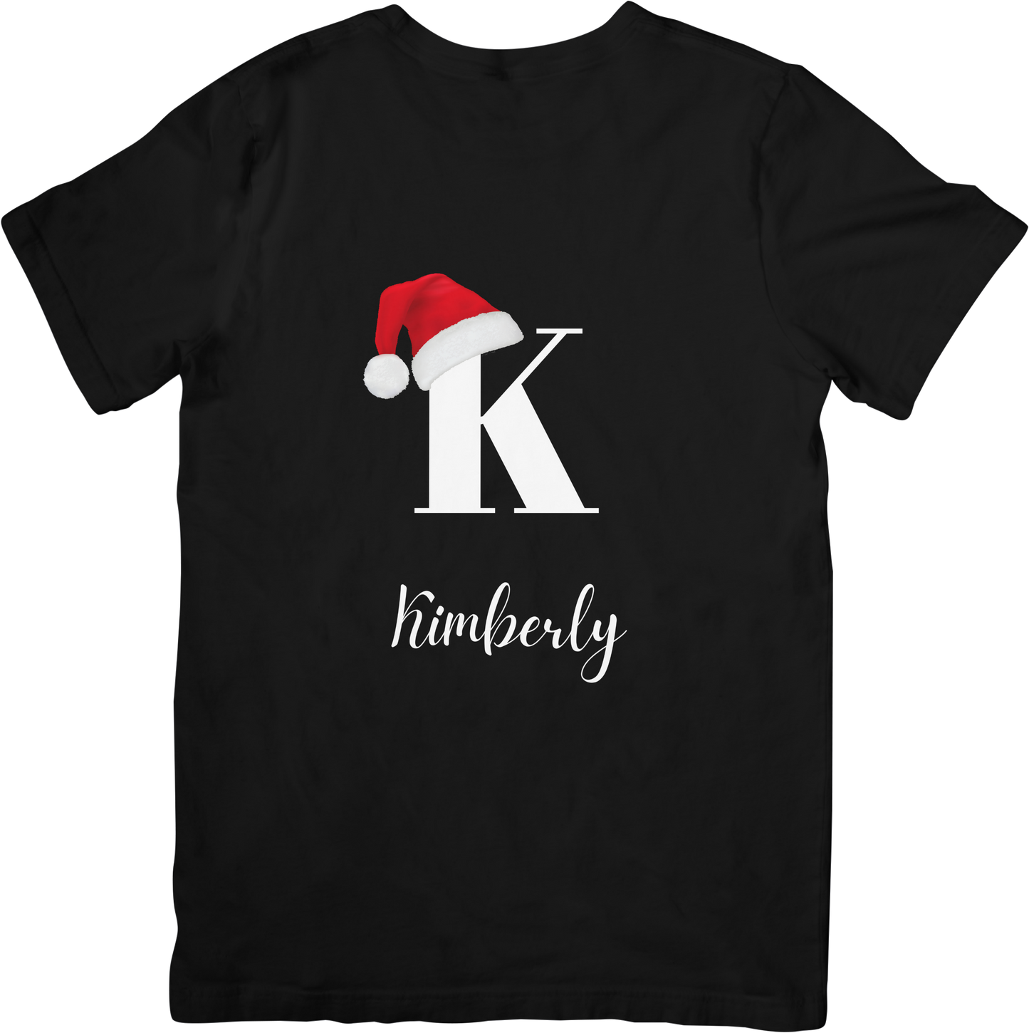 Custom Christmas t-shirt in black with a personalized initial and Christmas hat, along with the option to add a name for a unique holiday gift.