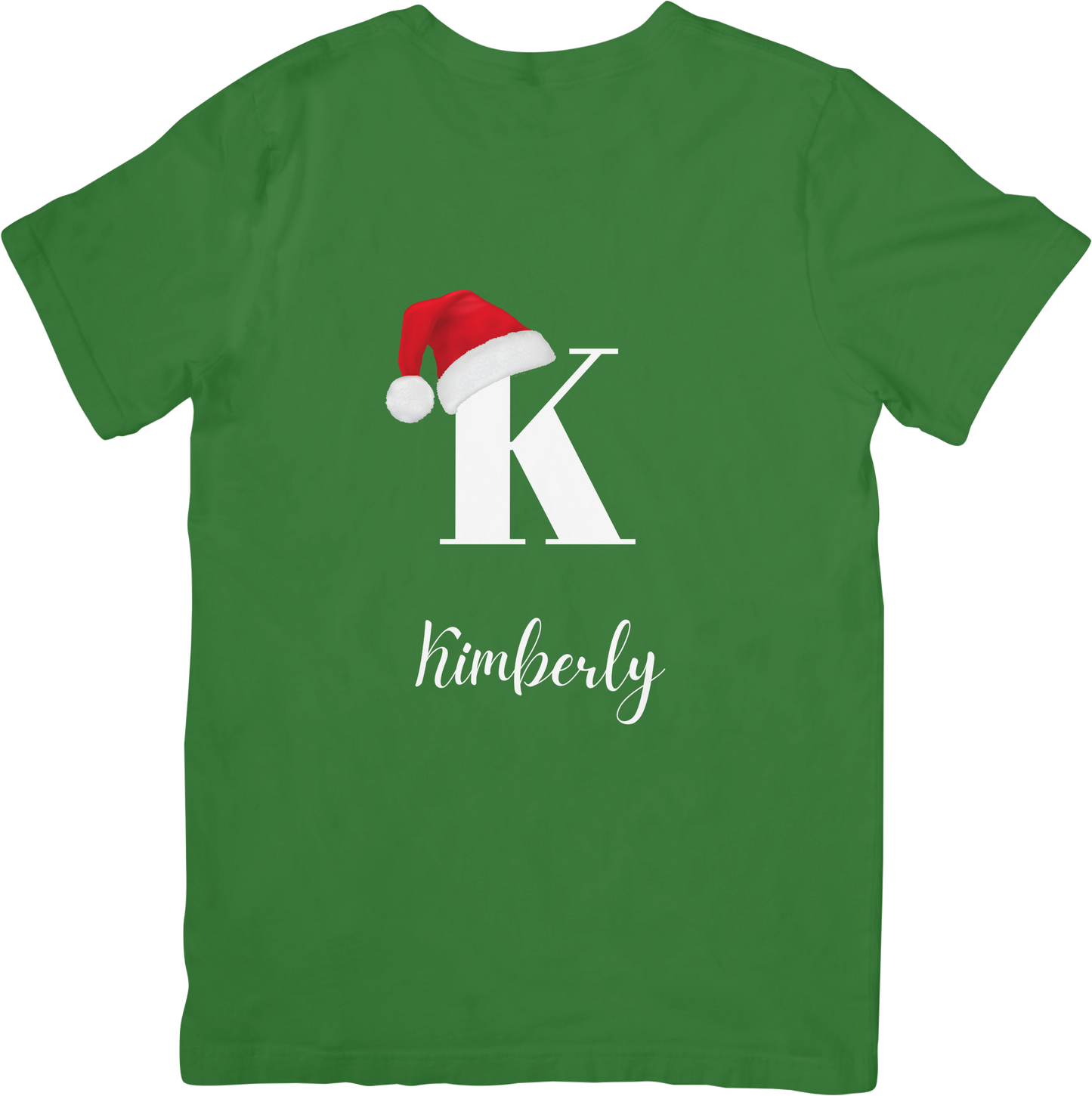 Custom Christmas t-shirt in green with a Christmas hat on the initial and customizable name, perfect for celebrating the season in style.