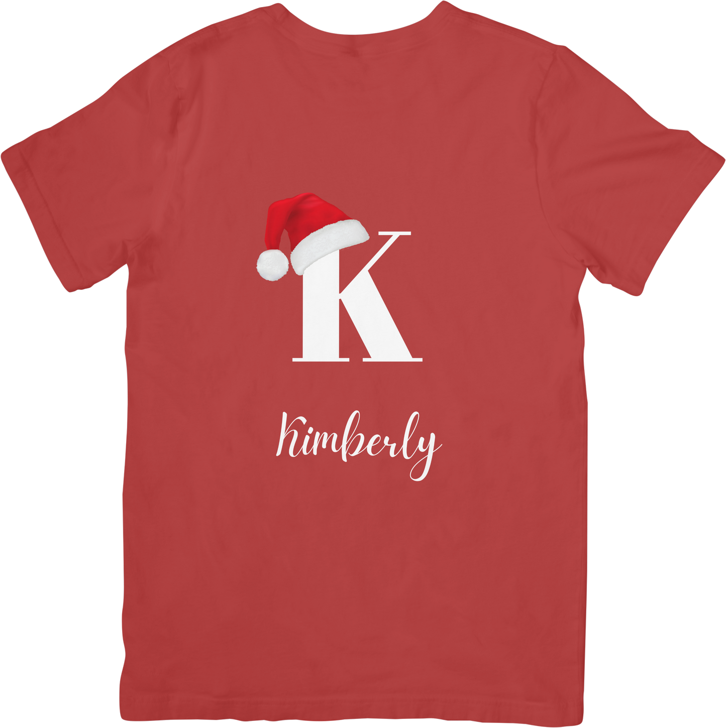 Custom Christmas t-shirt in jolly red featuring a personalized initial with a Christmas hat and customizable name for a festive, personalized touch.