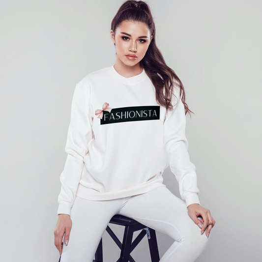 Cute Fashionista white sweatshirt featuring chic graphic design for casual style.