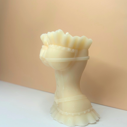 Side view of Decorative Victorian Lace Candle highlighting its elegant design.