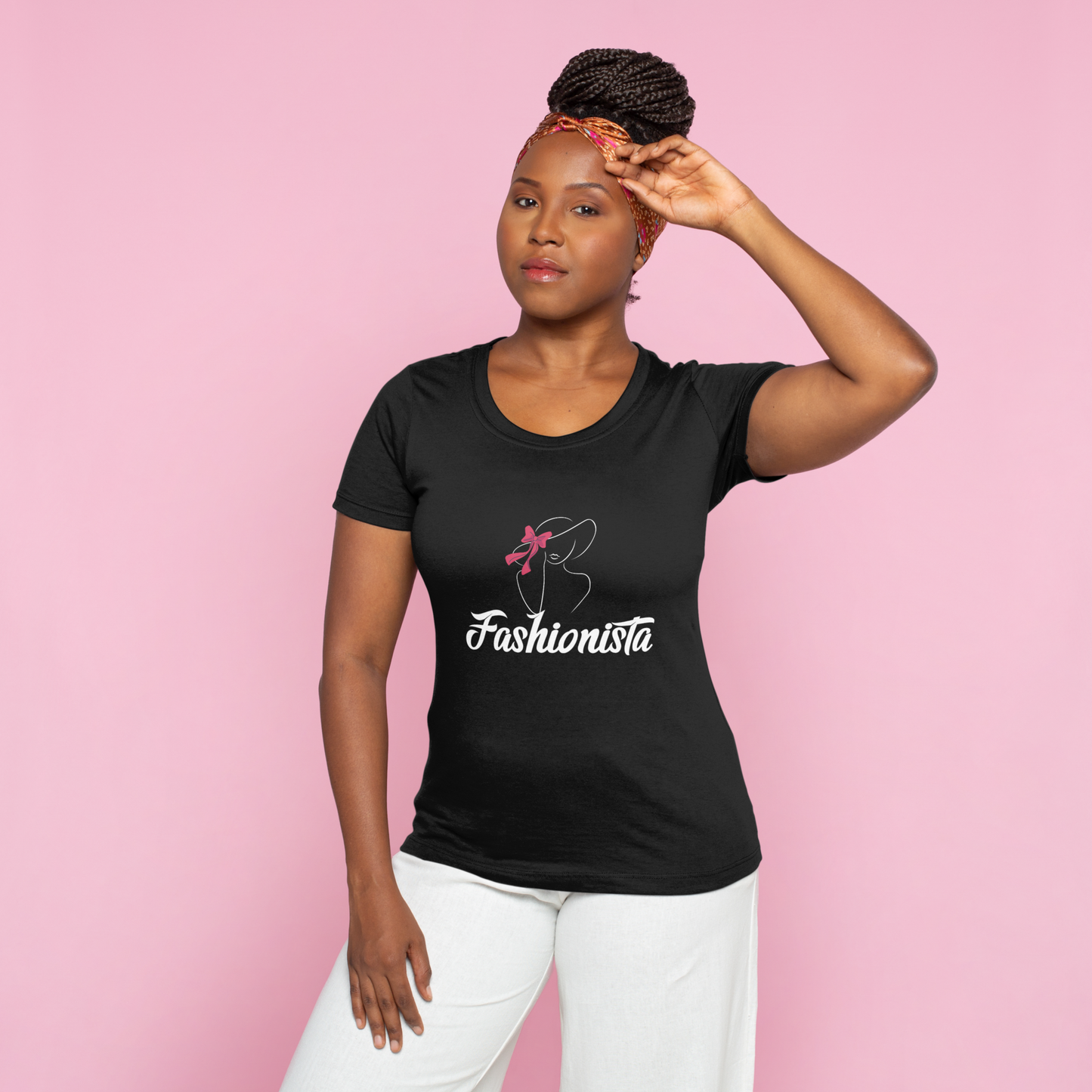 Fashionista Black T-shirt with crew neck, short sleeves, and relaxed fit, crafted from ultra-soft 100% Airlume cotton for ultimate comfort and style.