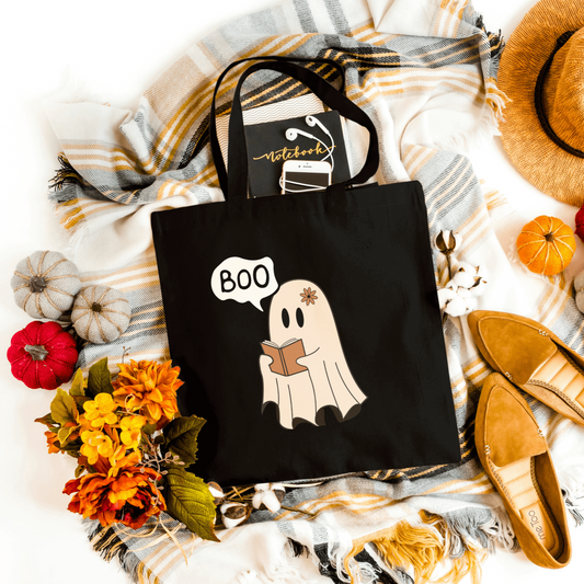 Front view of Boo Halloween Tote in black, made from durable 12oz heavy canvas.