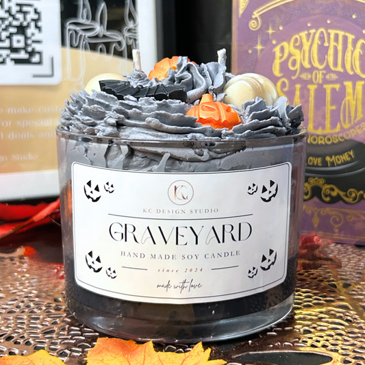 Front view of Halloween Graveyard Candle inspired by Nightmare Before Christmas, featuring witches brew, vanilla crumb, whipped cream layers, and spooky toppings.