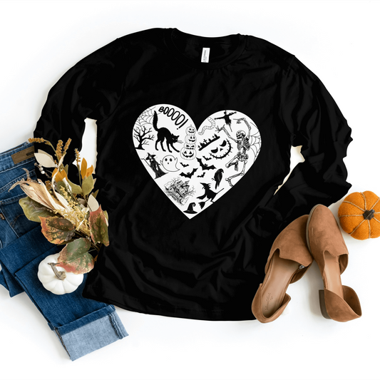 Black Halloween heart sweater with spooky shape silhouettes.