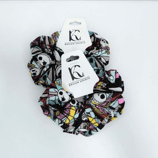 Jack and Sally scrunchies featuring vibrant colors and whimsical designs inspired by the characters from The Nightmare Before Christmas.