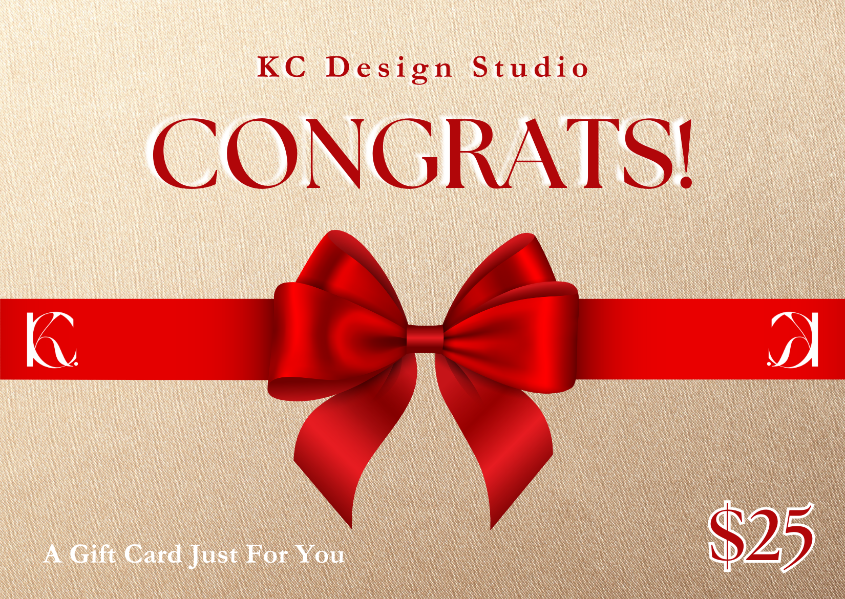 KC Design Studio $25 Congratulations Gift Card with gold sparkly design and red bow, perfect for graduations and accomplishments.