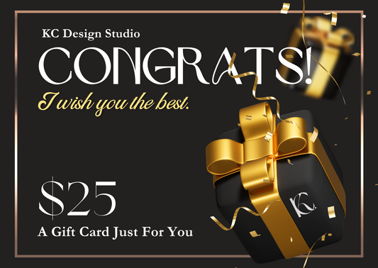 KC Design Studio $25 Golden Black Congratulations Gift Card with floating golden presents and "Congrats! I wish you the best." text for special achievements.