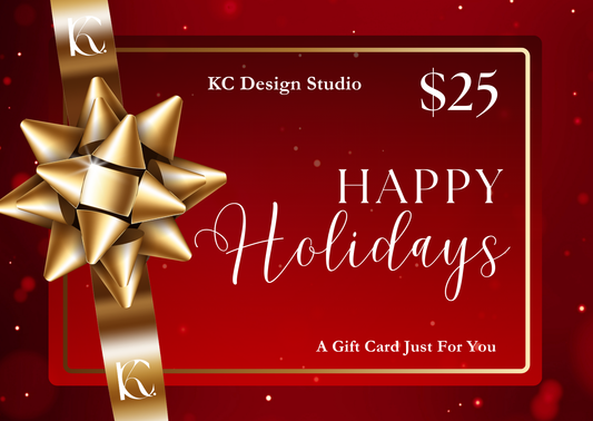 KC Design Studio $25 Happy Holidays Gift Card with red festive background and gold bow, perfect for holiday gifting.