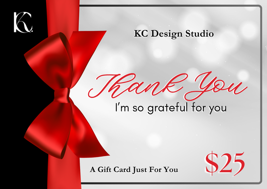 KC Design Studio $25 Silver "Thank You, I'm so grateful for you" Gift Card with a silver background and red bow, perfect for expressing gratitude.