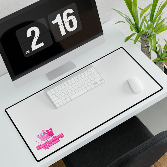 Marketing Queen Desk Mat in a full desk setup with computer, keyboard, and accessories – vibrant pink design, Marketing Girly Collection, stylish and functional workspace.