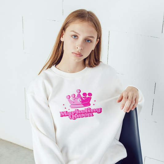 Marketing Queen long sleeve t-shirt in white worn by a woman – bold pink design, part of the Marketing Girly Collection, stylish and comfortable.