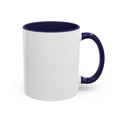 White mug with a dark blue interior and handle on a white background