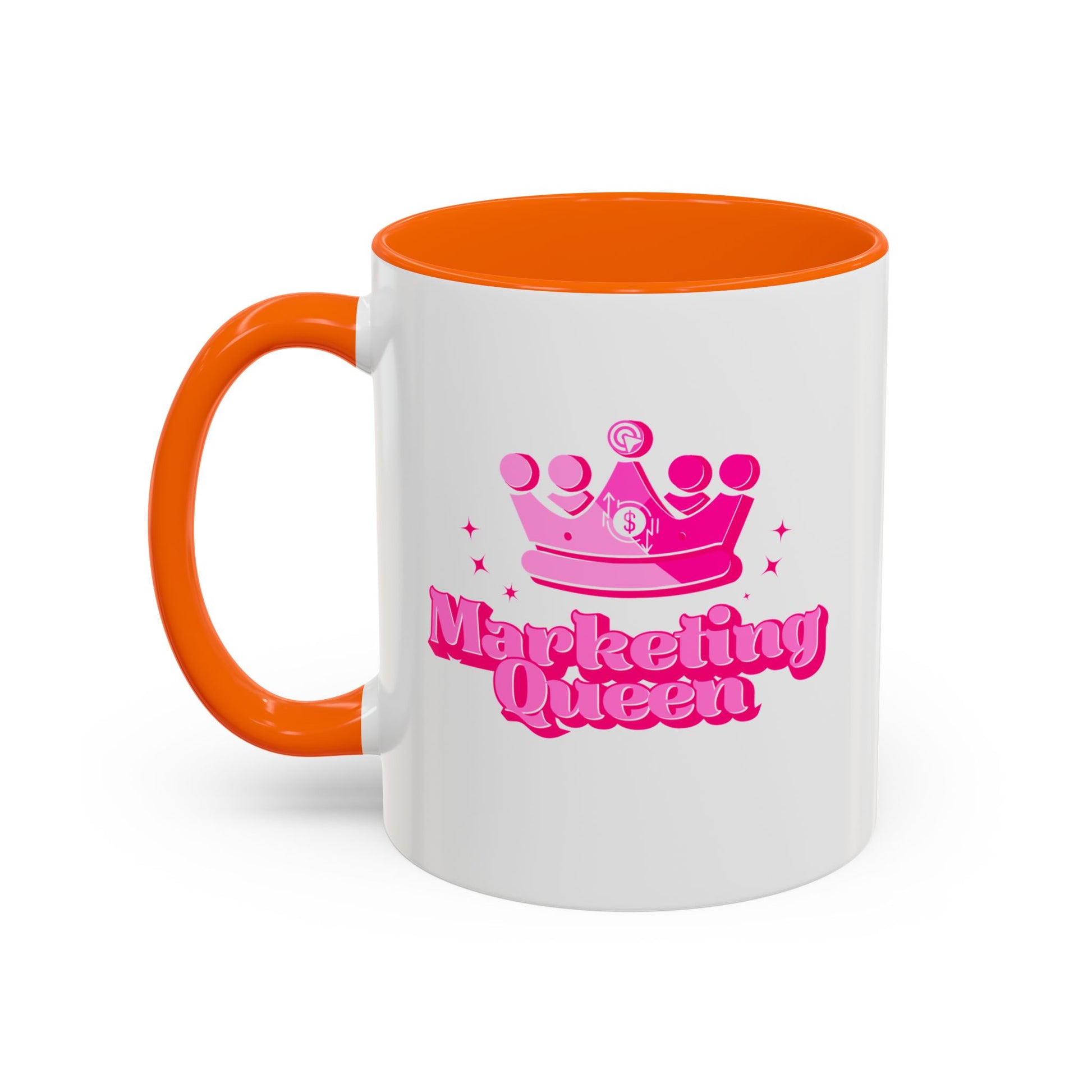Mug with 'Marketing Queen' text and pink crown design on a white background