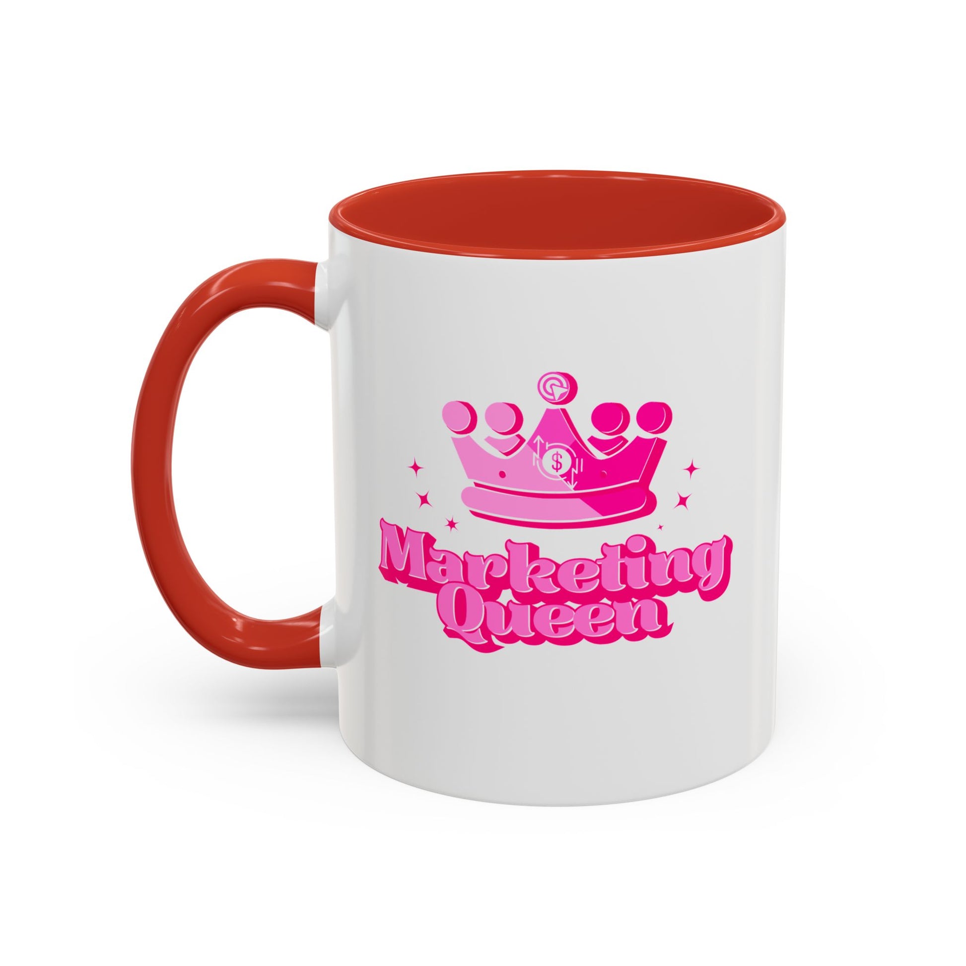 Mug with red interior with 'Marketing Queen' text and pink crown design on a white background