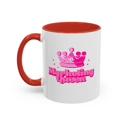 Mug with red interior with 'Marketing Queen' text and pink crown design on a white background