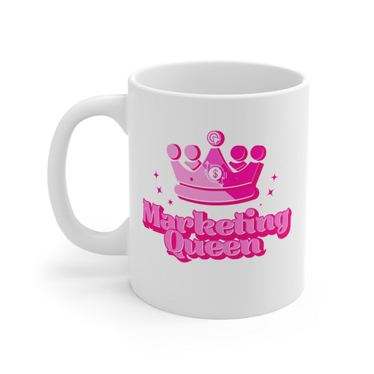 White mug with pink 'Marketing Queen' design featuring a crown on a white background