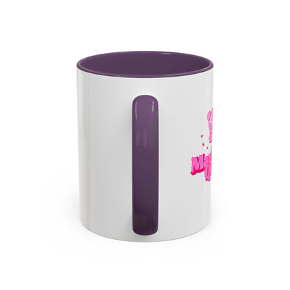 White mug with purple interior and handle, featuring pink text on a white background