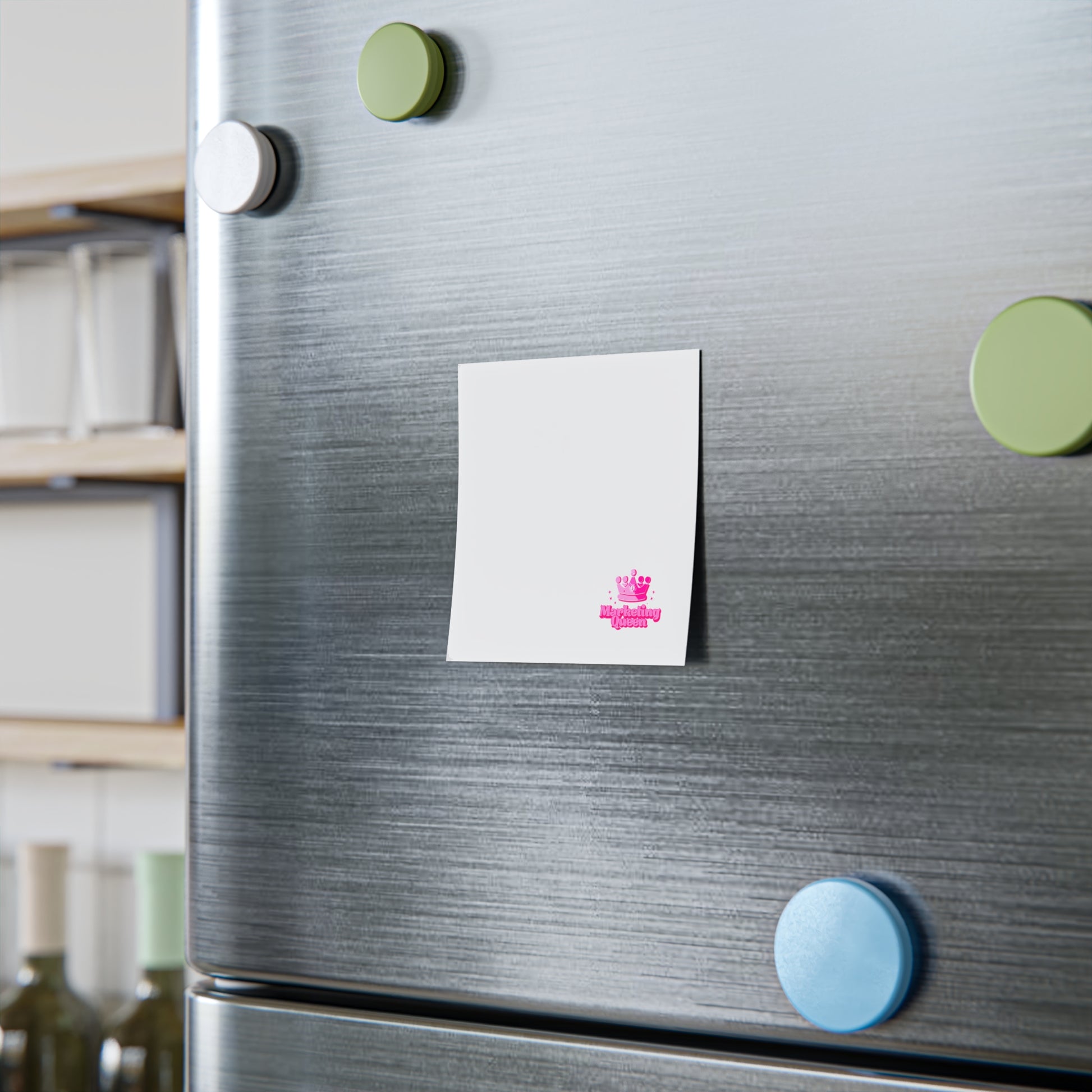 Marketing Queen Post-it Note Pad stuck on a cabinet, demonstrating practical use.