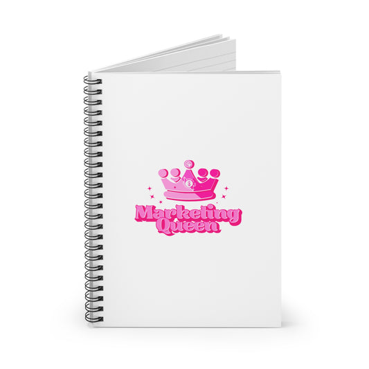 Marketing Queen Spiral Notebook standing on white background – chic crown design, ruled pages, compact 6x8 inches, stylish and inspiring.