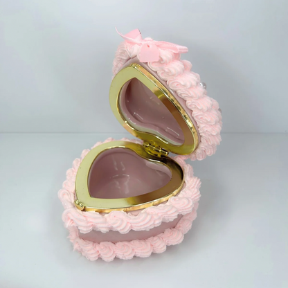 Open view of the Mini Strawberry Cake Jewelry Box, revealing its spacious interior for storing rings, earrings, and tiny treasures.