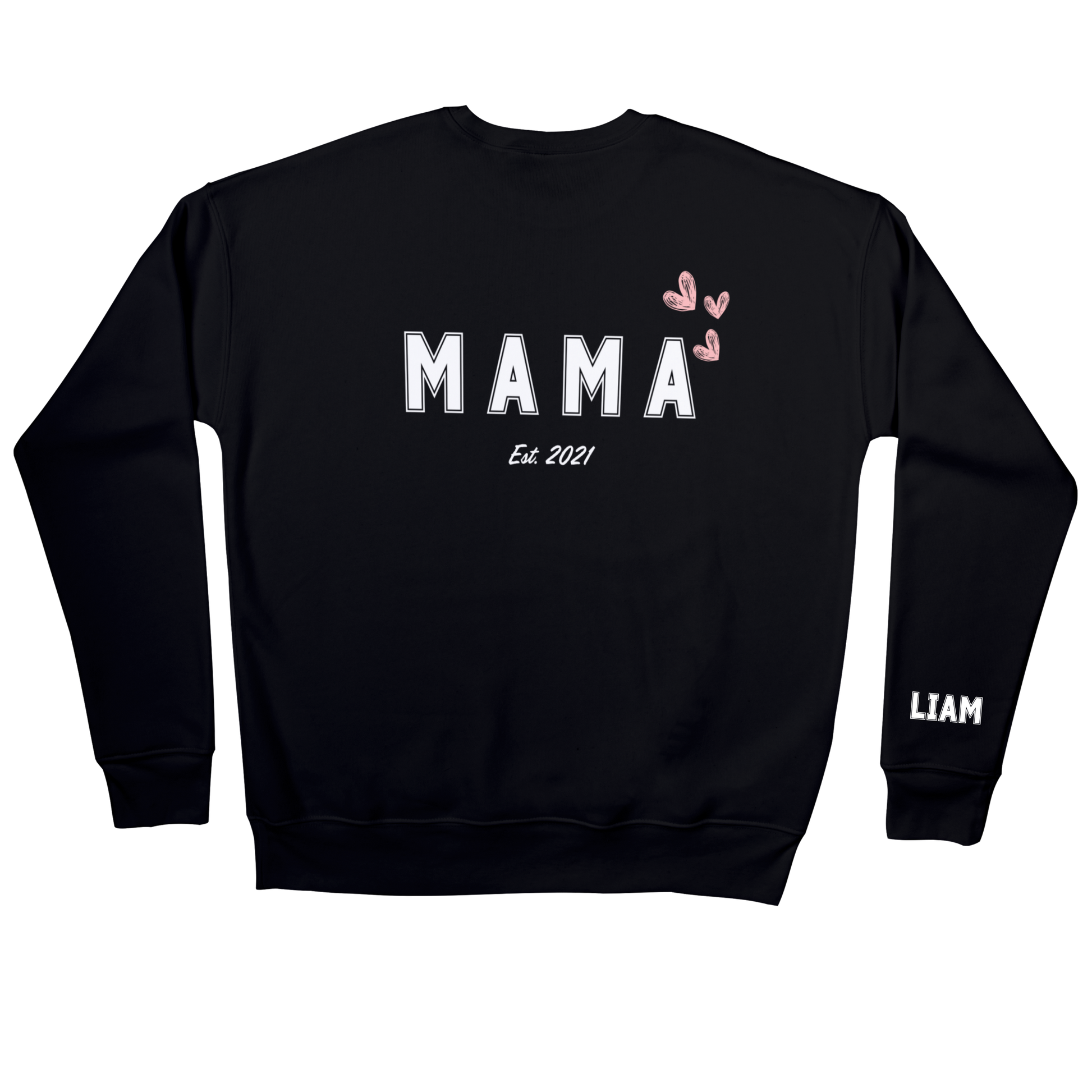 Black personalized “mamá” sweatshirt with child’s name on sleeve and birth year under the design.