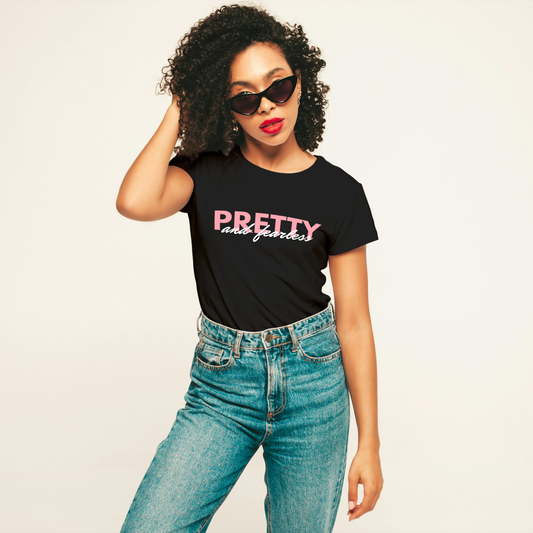 Softstyle "Pretty & Fearless" Black T-shirt made from 100% ringspun cotton, offering a modern classic fit, comfort, and smooth printing surface for both work and play.