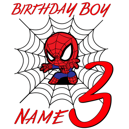 Spiderman customizable shirt design featuring name and number, perfect for personalized toddler wear, available in various colors.
